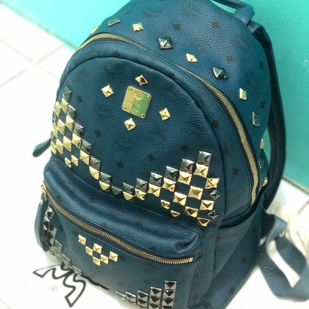 MCM Blue Studded Backpack